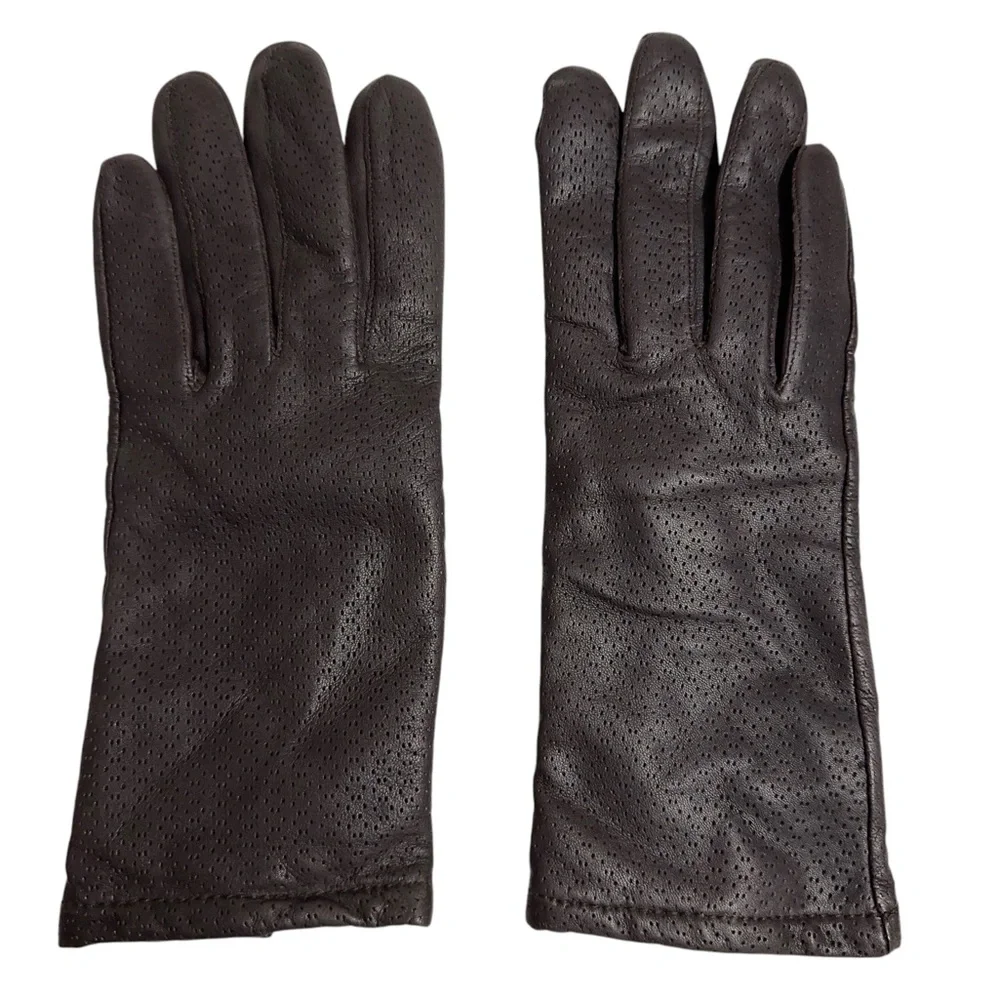 Grandoe Vintage Perforated Brown Leather Gloves Fleece Lined Womens Size XL